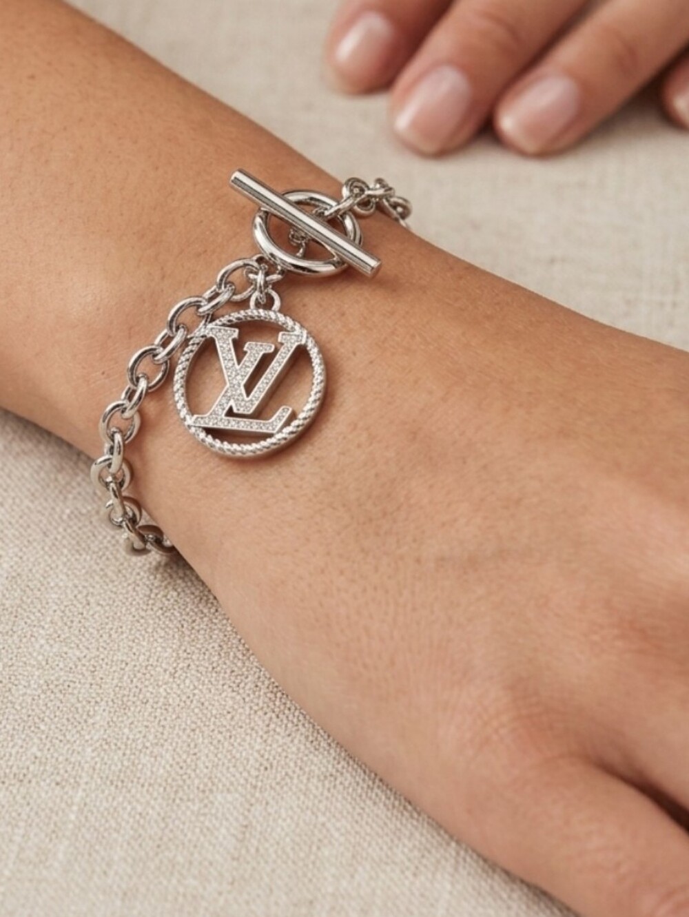 Crystal Silver LV, Toggle Bracelet, Custom Sizes Available